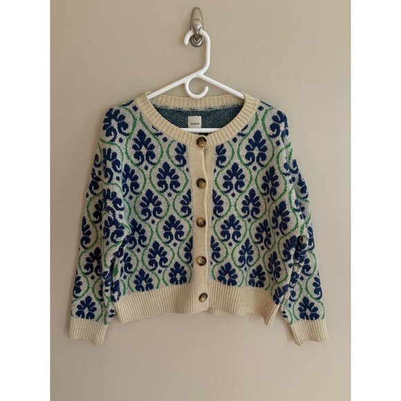 Anthropologie Maeve Small Floral Pop Graphic Intarsia Cardigan Cream/Blue/Green - Picture 3 of 14